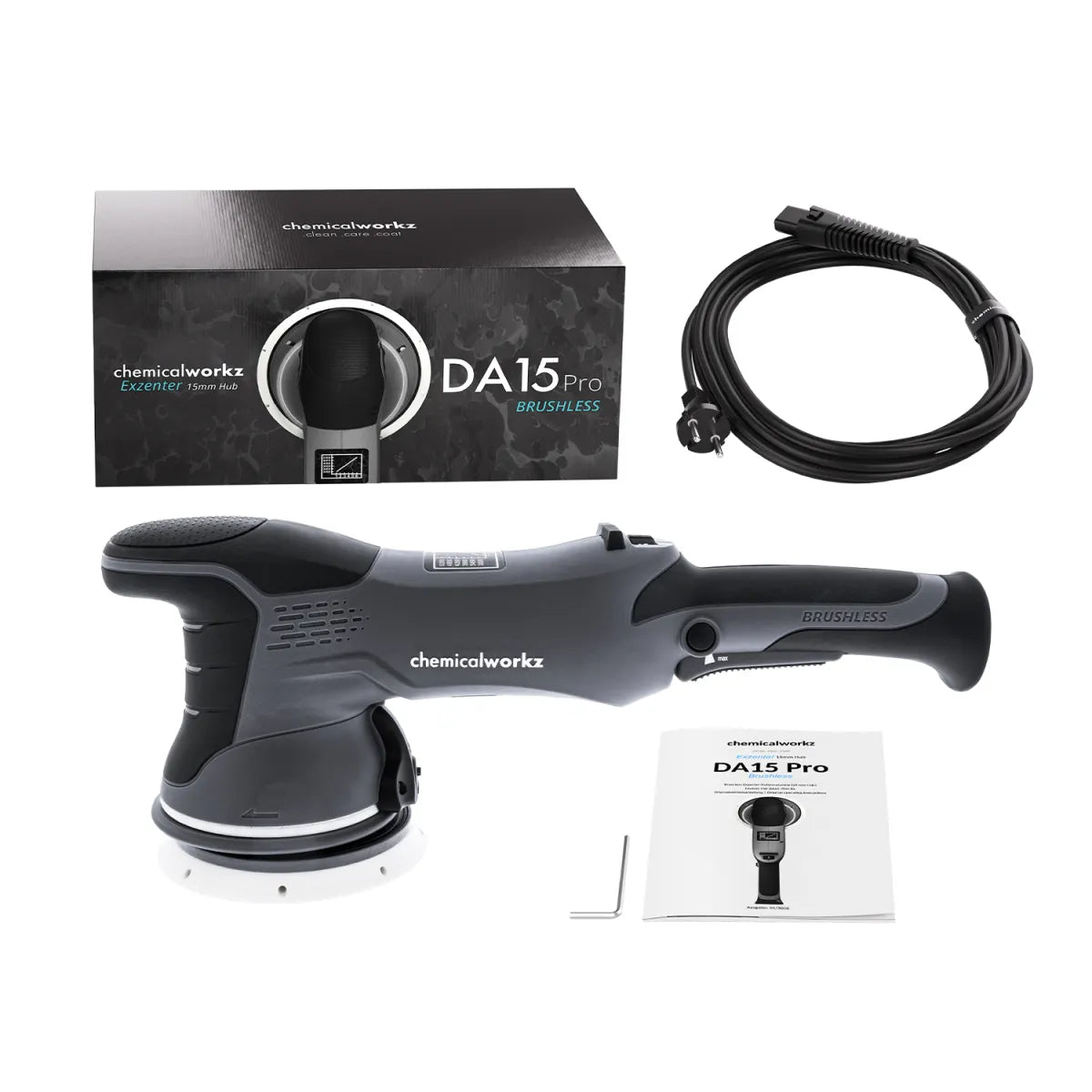 Verpakkingsinhoud van de Chemicalworkz DA15 Pro Brushless 15 mm excentrische polijstmachine met machine, steunschijf en accessoires