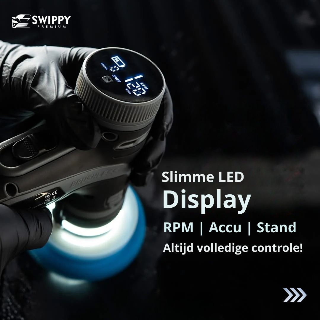 Bovenaanzicht van de Chemicalworkz EVO Mini Pro met LED-display en eenvoudige bediening voor excentrisch en roterend polijsten