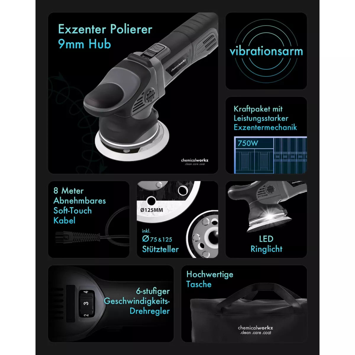 Specificaties van de Chemicalworkz DA9 Pro 9 mm excentrische polijstmachine met 750W motor en 75 mm en 125 mm steunpads
