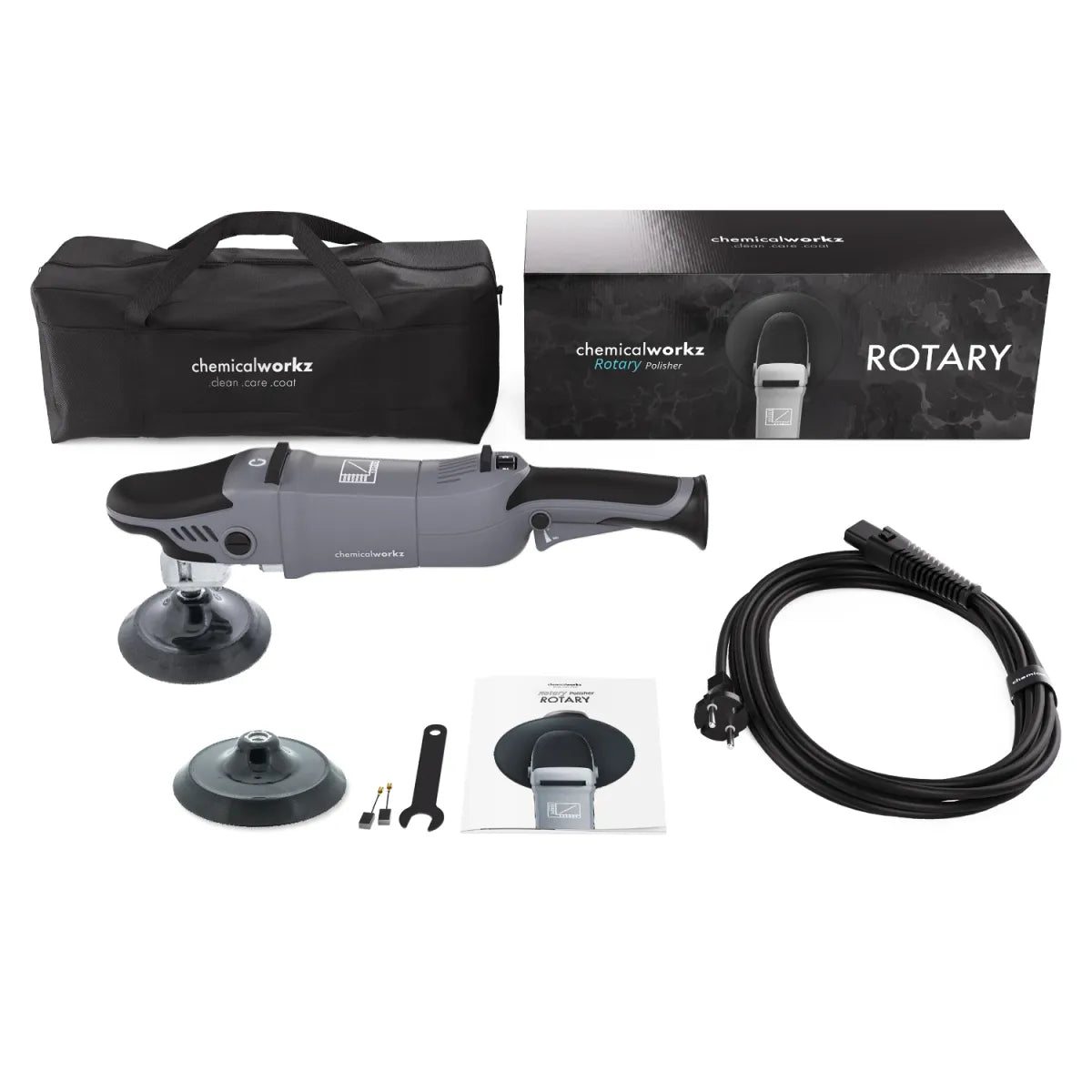 Chemicalworkz Rotary roterende polijstmachine met meegeleverde 125 mm en 150 mm backing pads en accessoires