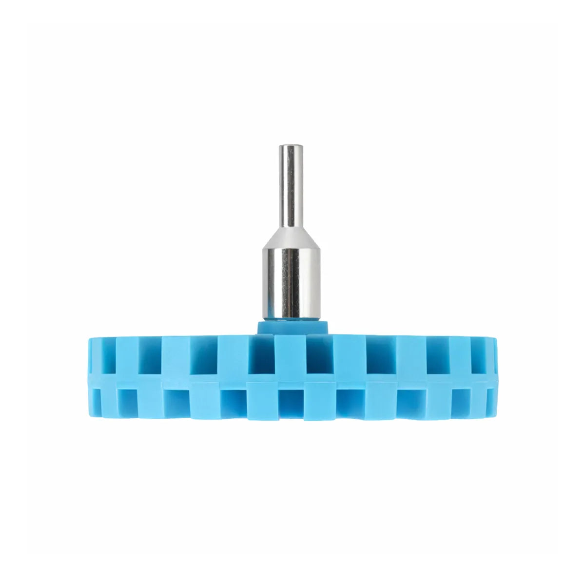 Karamelschrijf 100mm rubber stickerverwijderaar met stalen adapter voor boormachine zijaanzicht
