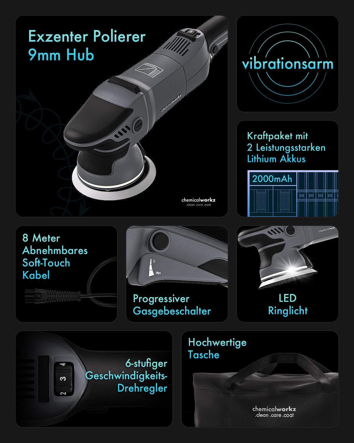 chemicalworkz DA9 Pro Max. Chemicalworkz polijstmachine. Swippy polijstmachine. Dual action polijstmachine. Excentrische polijstmachine. 9mm polijstmachine excentrisch. 125mm Backing plate polijstmachine. 125mm steunpad polijstmachine. 9mm orbit polijstmachine. 9mm uitslag polijstmachine.