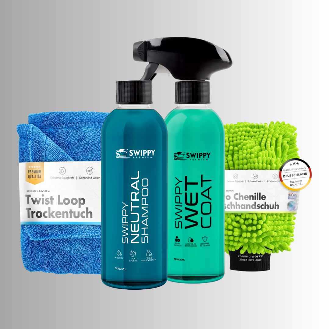 Complete auto was bundel met groene chenille washmitt, pH neutrale auto shampoo, wetcoat en microvezel droogdoek