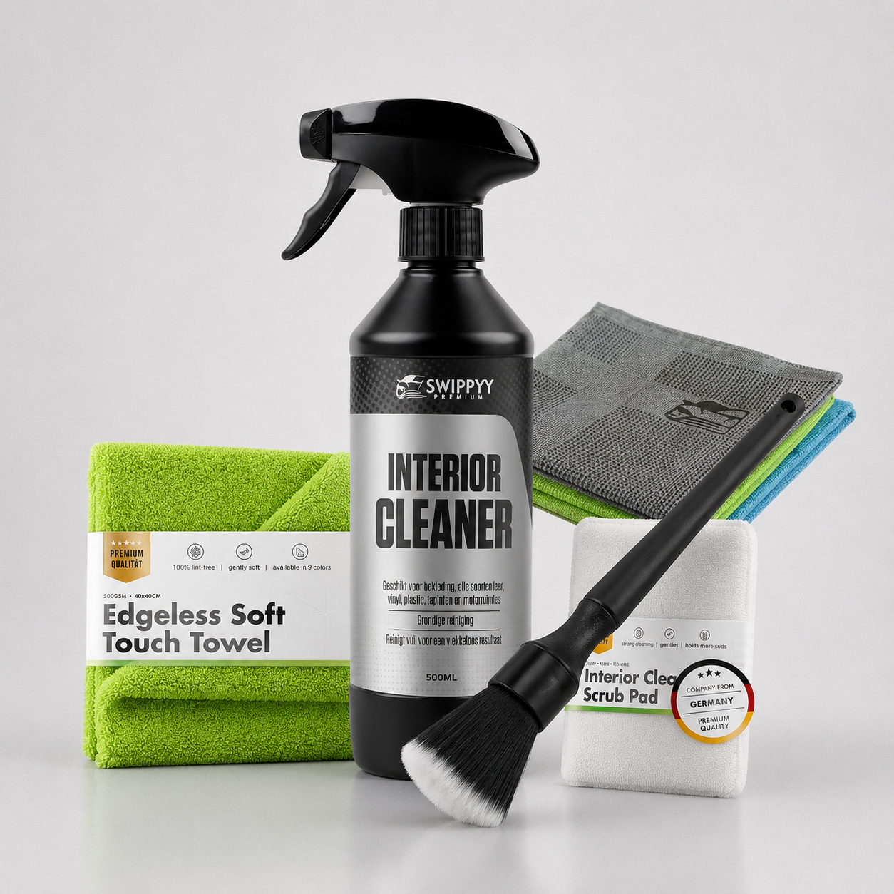 Swippy Interior Cleaner bundel met interieurreiniger, microvezeldoeken, scrub pad en detailing brush