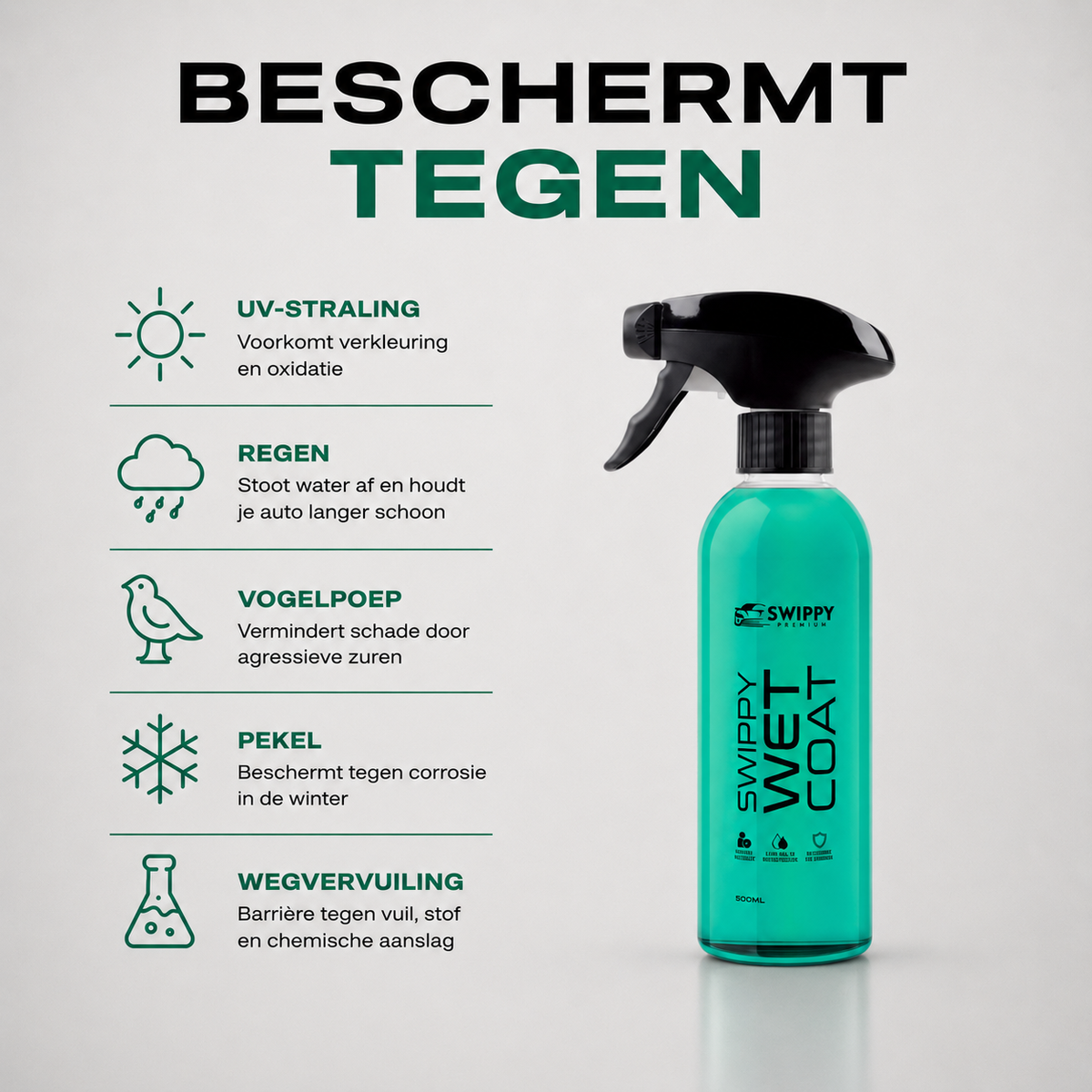 Swippy Wet Coat beschermt tegen UV-straling, regen, vogelpoep, insecten, sneeuw, pekel, zout en wegvervuiling voor langdurige glans en bescherming op alle oppervlakken