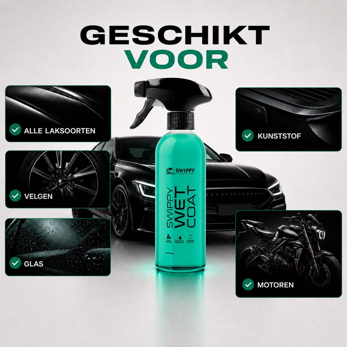 Swippy Wet Coat geschikt voor alle laksoorten, velgen, glas en kunststof. Te gebruiken op auto’s, motoren en boten voor snelle bescherming en glans.