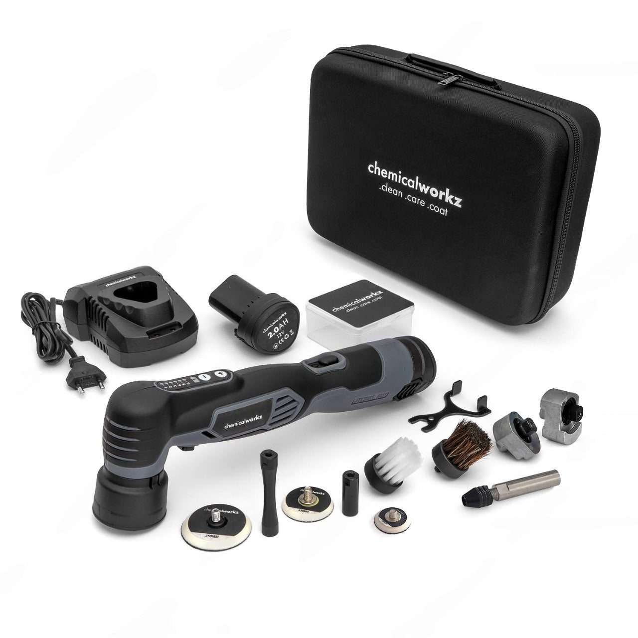 Complete set van de Chemicalworkz EVO Mini Dual Action accu polijstmachine met accu’s, steunschijven en toebehoren
