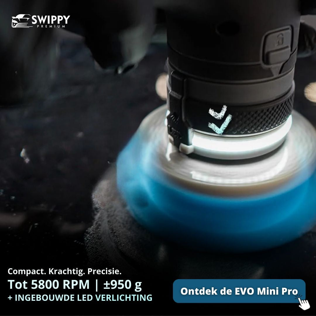 Close-up van de Chemicalworkz EVO Mini Pro excentrische accupolijstmachine bij detailwerk