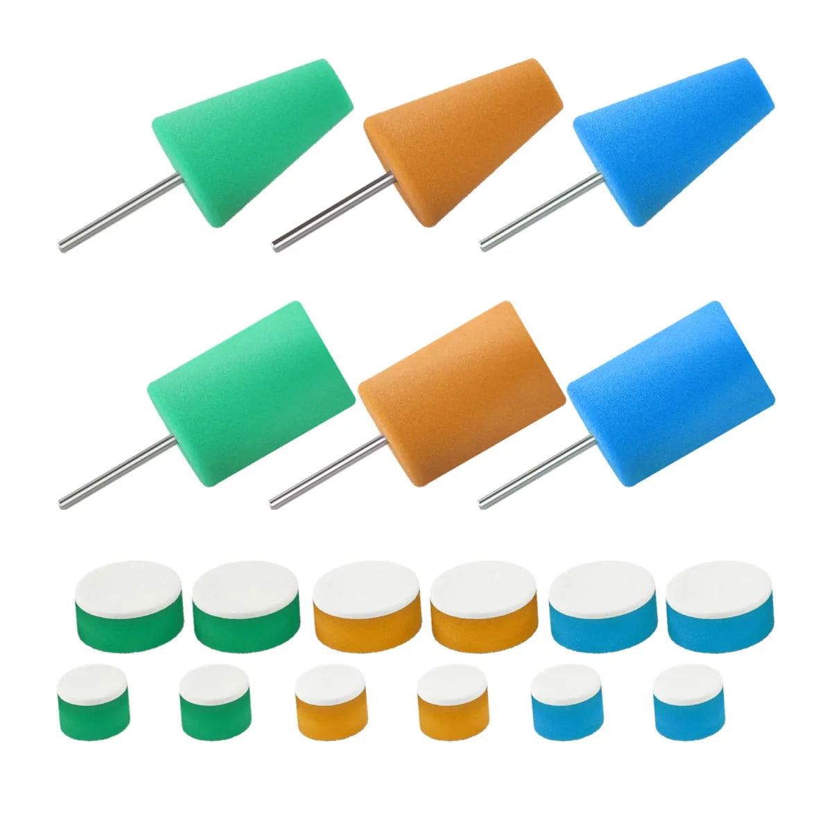 Chemicalworkz cone en foam polijstpadset 18-delig met conische en ronde pads in groen, oranje en blauw voor precisiepolijsten
