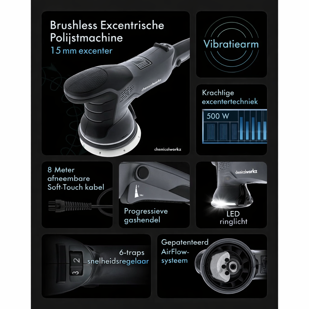 Specificaties van de Chemicalworkz DA15 Pro Brushless 15 mm auto polijstmachine met brushless motor en LED-ringlicht