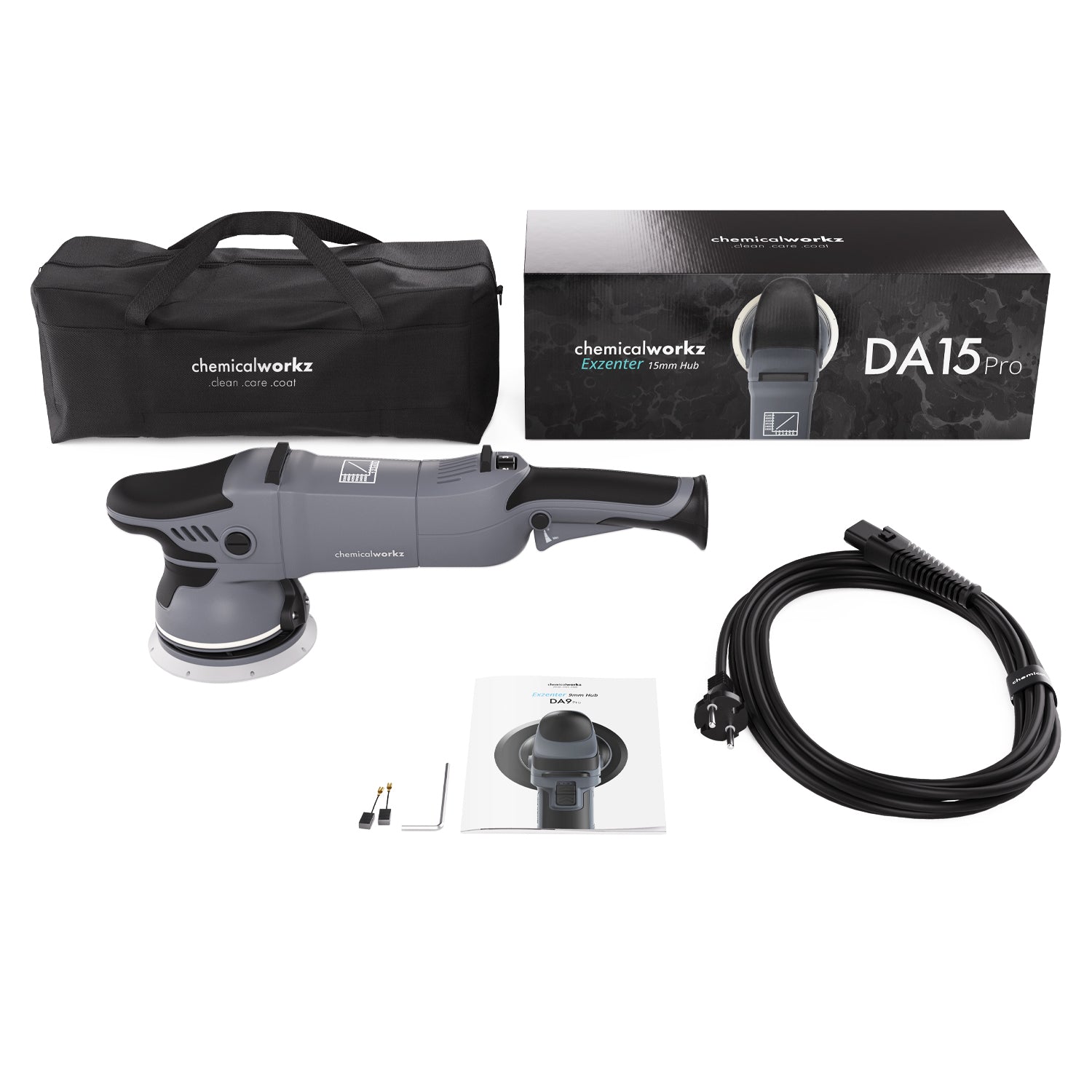 Complete set van de Chemicalworkz DA15 Pro 15 mm excentrische polijstmachine met draagtas en accessoires