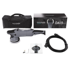 Complete set van de Chemicalworkz DA15 Pro 15 mm excentrische polijstmachine met draagtas en accessoires