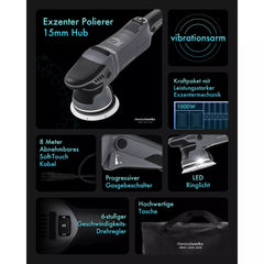 Specificaties van de Chemicalworkz DA15 Pro 15 mm excentrische polijstmachine met krachtige motor en 125 mm steunschijf