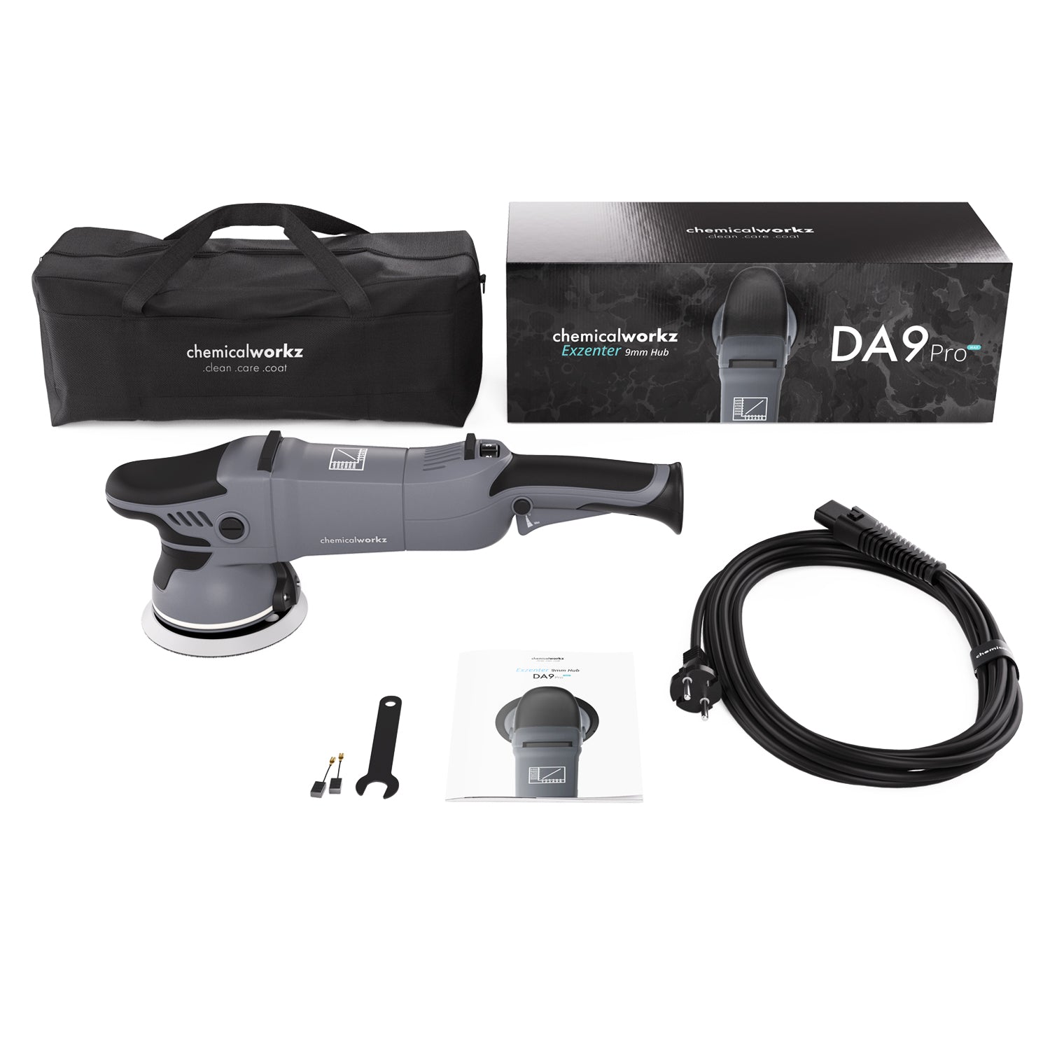 Complete set van de Chemicalworkz DA9 Pro Max 9 mm excentrische polijstmachine met draagtas en accessoires