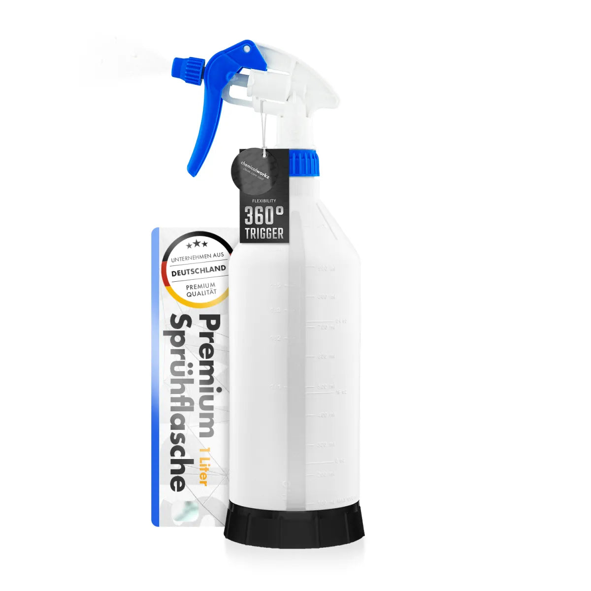 1 liter sprayfles met blauwe 360 graden trigger en maatverdeling