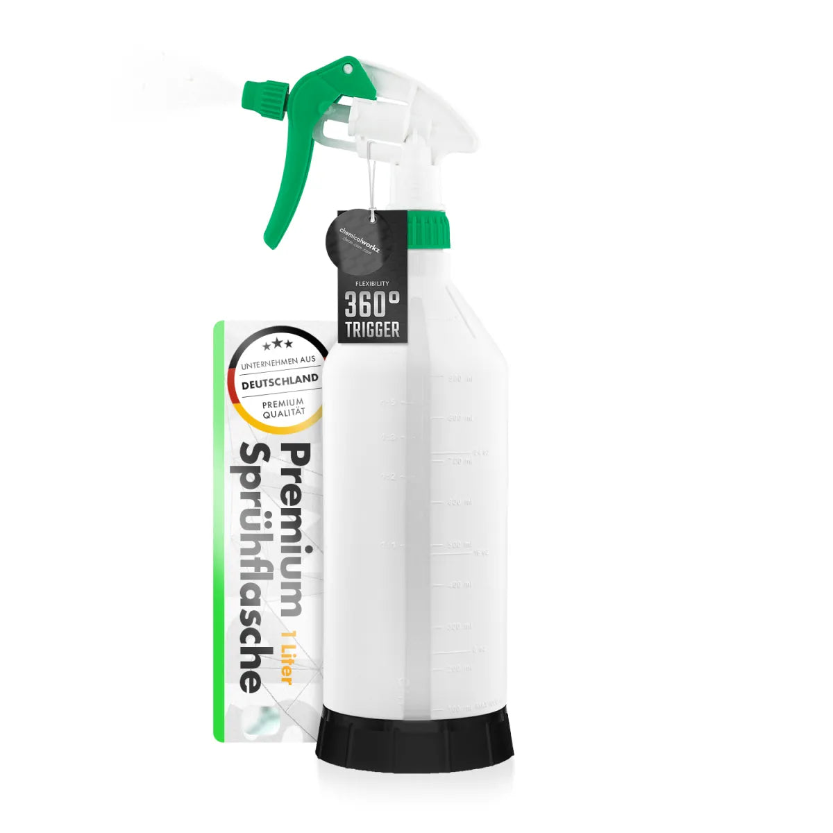 1 liter sprayfles met groene 360 graden trigger en maatverdeling