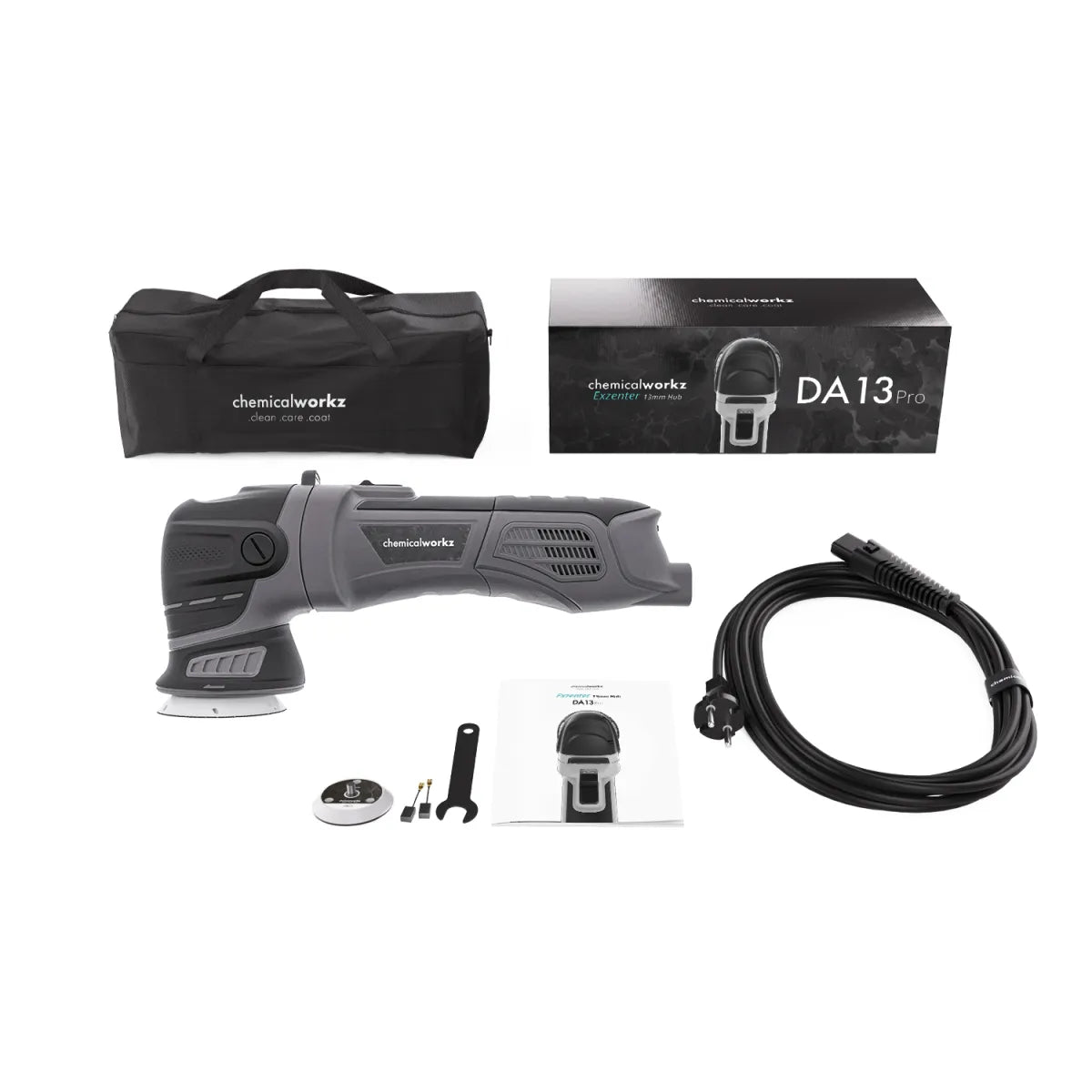 Chemcialworkz da13 pro.  Excentrische polijstmachine met lange kabel. Dual action polijstmachine. Inclusief draagtas en accessoires. 750W excentrische polijstmachine. Elektronische snelheidsregeling. Compacte dual action polijstmachine. Ergonomisch ontwerp 2kg. chemicalworkz DA13 Pro polijstmachine. Voor lakcorrectie en finish. Polijstmachine. Excentrische polijstmachine. Dual action polijstmachine. Extentrische polijstmachine met afneembare kabel.