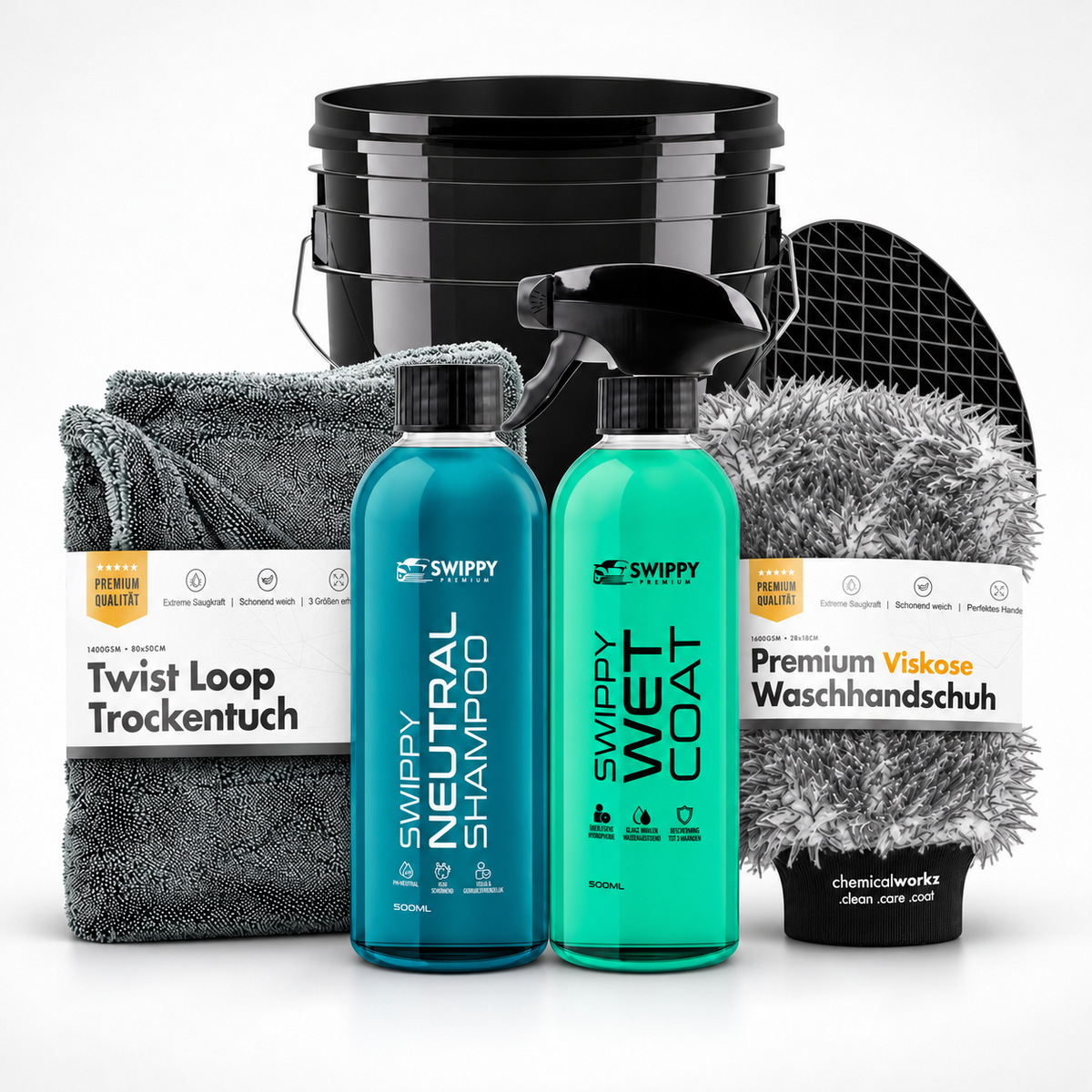 Bundel met Washandschoen, droogdoek, was emmer, vuilrooster shampoo en wet coat voor bescherming