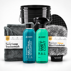 Bundel met Washandschoen, droogdoek, was emmer, vuilrooster shampoo en wet coat voor bescherming