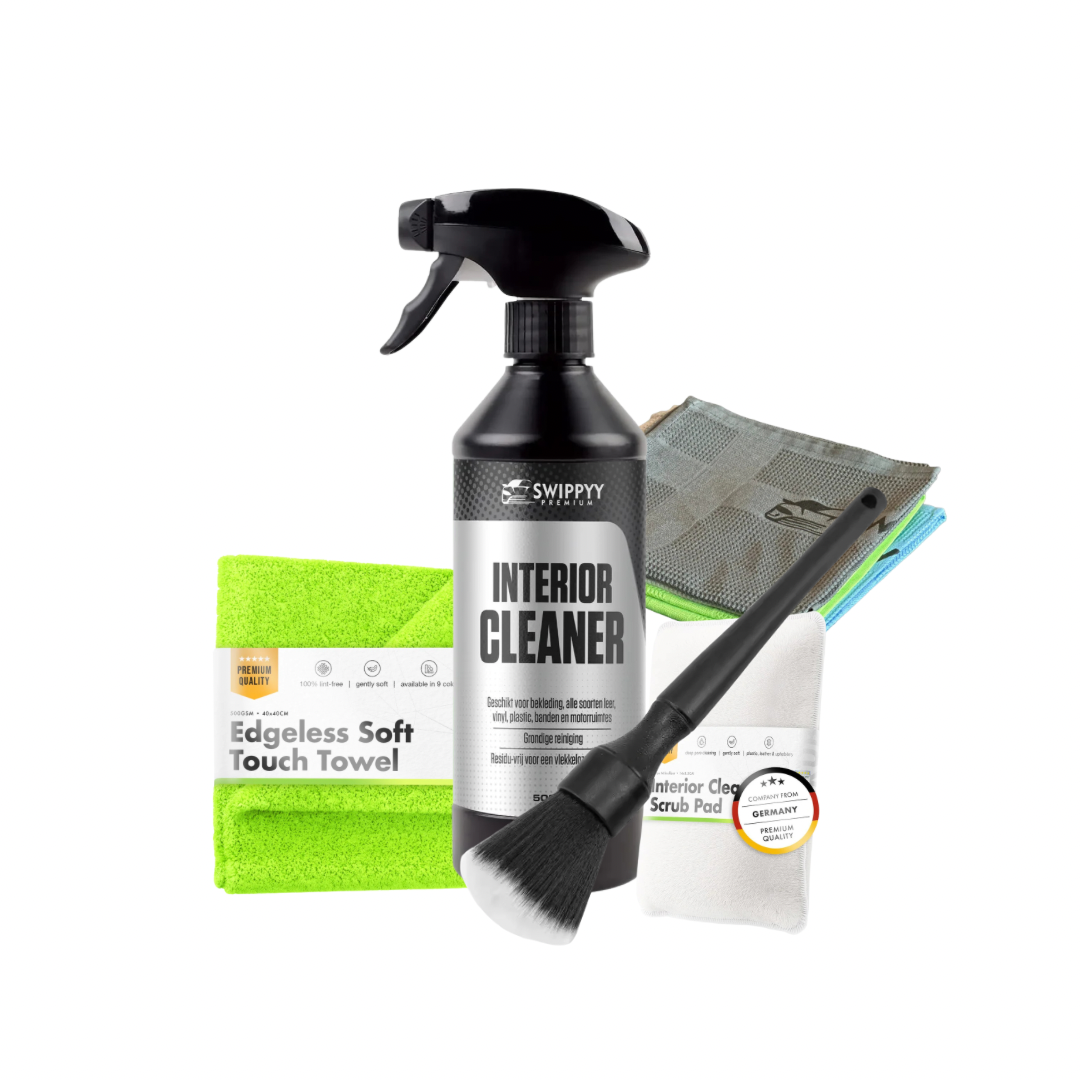 Complete auto interieur schoonmaak set met interior cleaner, kwast, glasdoeken, soft touch towel en scrub pad
