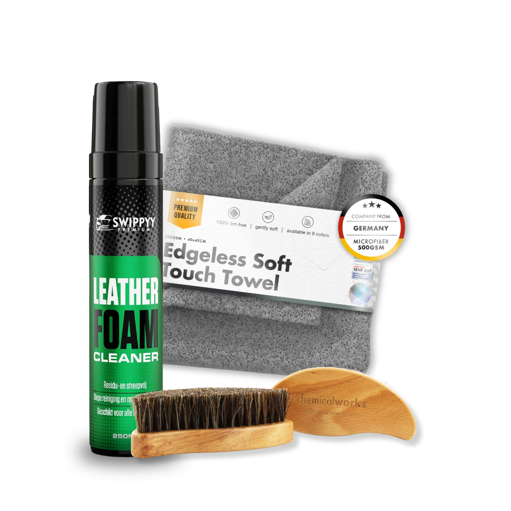 Auto leer reinigingsbundel met leather foam cleaner, leerborstel en 500gsm microvezeldoek