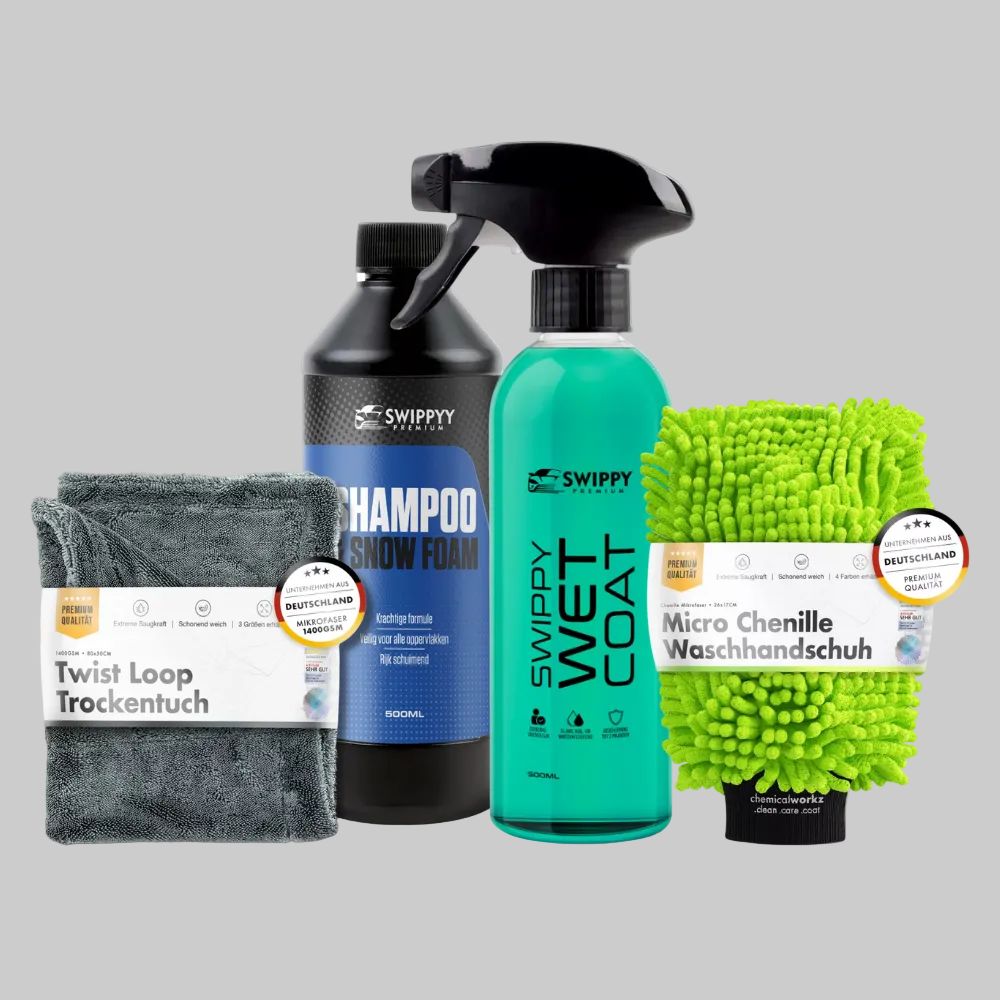 Complete auto was bundel met shampoo, chenille wash mitt, wet coat en droogdoek voor veilige wasroutine