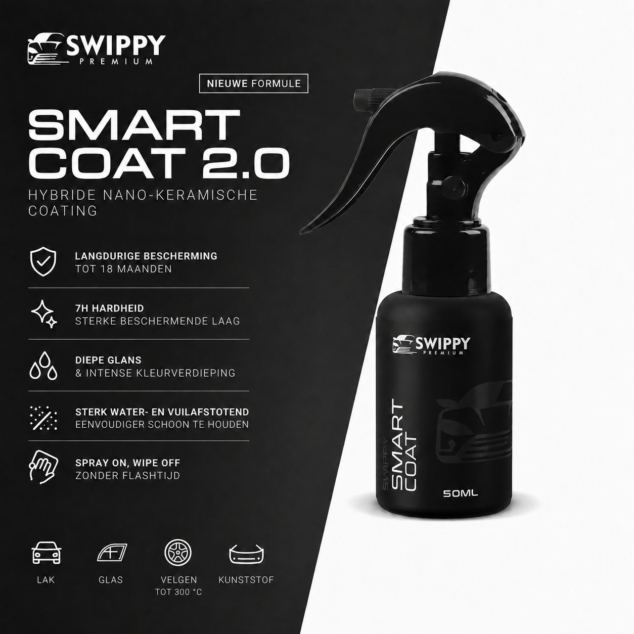 Hittebestendige Hybride nano keramische coating met spray on wipe off formule. Geschikt voor lak, kunstof, glas en velgen. 