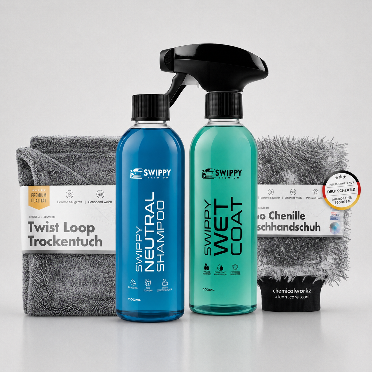 Swippy autowas bundel met ph-neutrale shampoo, wet coat, droogdoek en viscose washandschoen