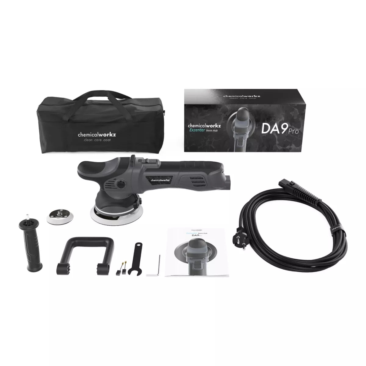 Complete set van de Chemicalworkz DA9 Pro 9 mm excentrische polijstmachine met draagtas en accessoires