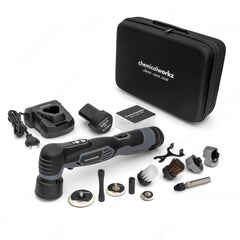Complete set van de Chemicalworkz EVO Mini Dual Action accu polijstmachine met accu’s, steunschijven en toebehoren